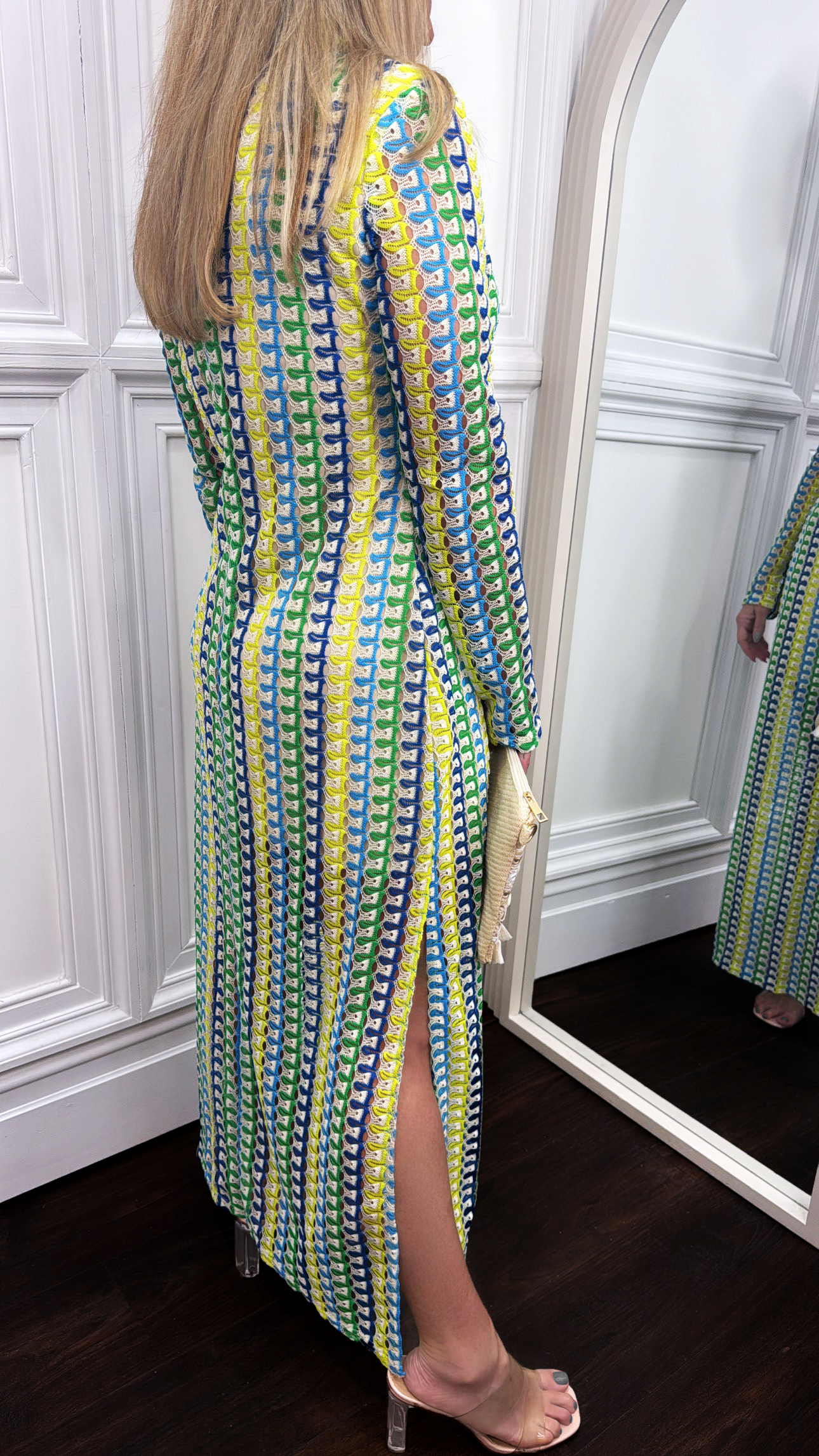 Valeria Printed Long Sleeve Midi Dress – Blue/Pink