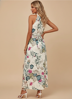 Women’s Dress – Floral Halter Maxi Dress with Tie Waist
