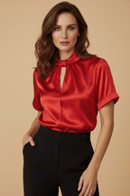 Satin Blouse with Keyhole Neckline and Short Sleeves