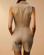 Women’s Khaki Lapel Collar Romper with Asymmetric Wrap Front