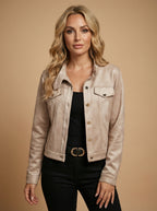 Women’s Suede-Look Button Jacket – Stand Collar - Spring/Fall