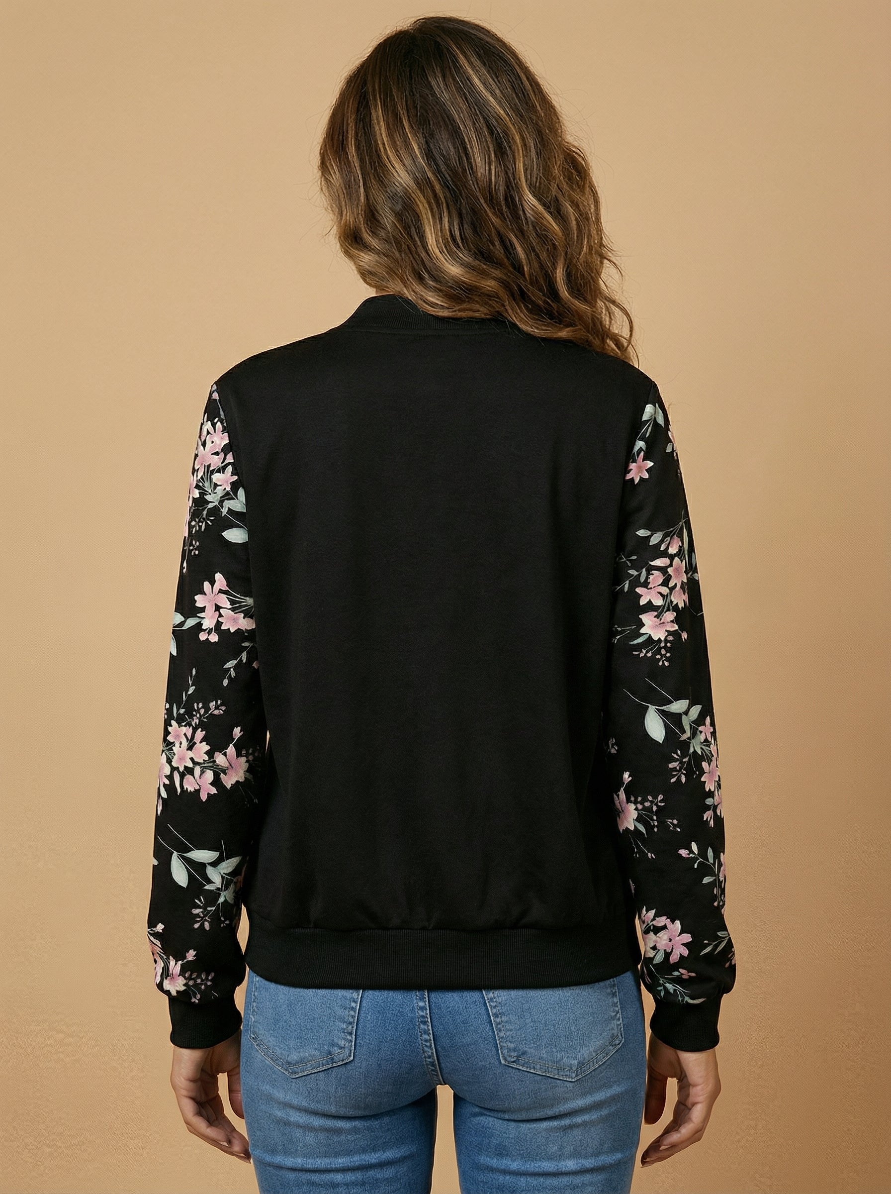 Women’s Floral Zip-Up Jacket – Baseball Collar - Spring/Fall