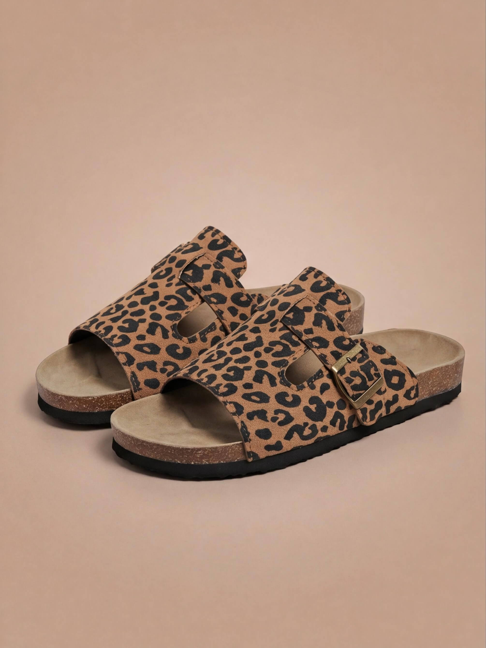 Women’s Buckle Slide Sandals- Leopard Print