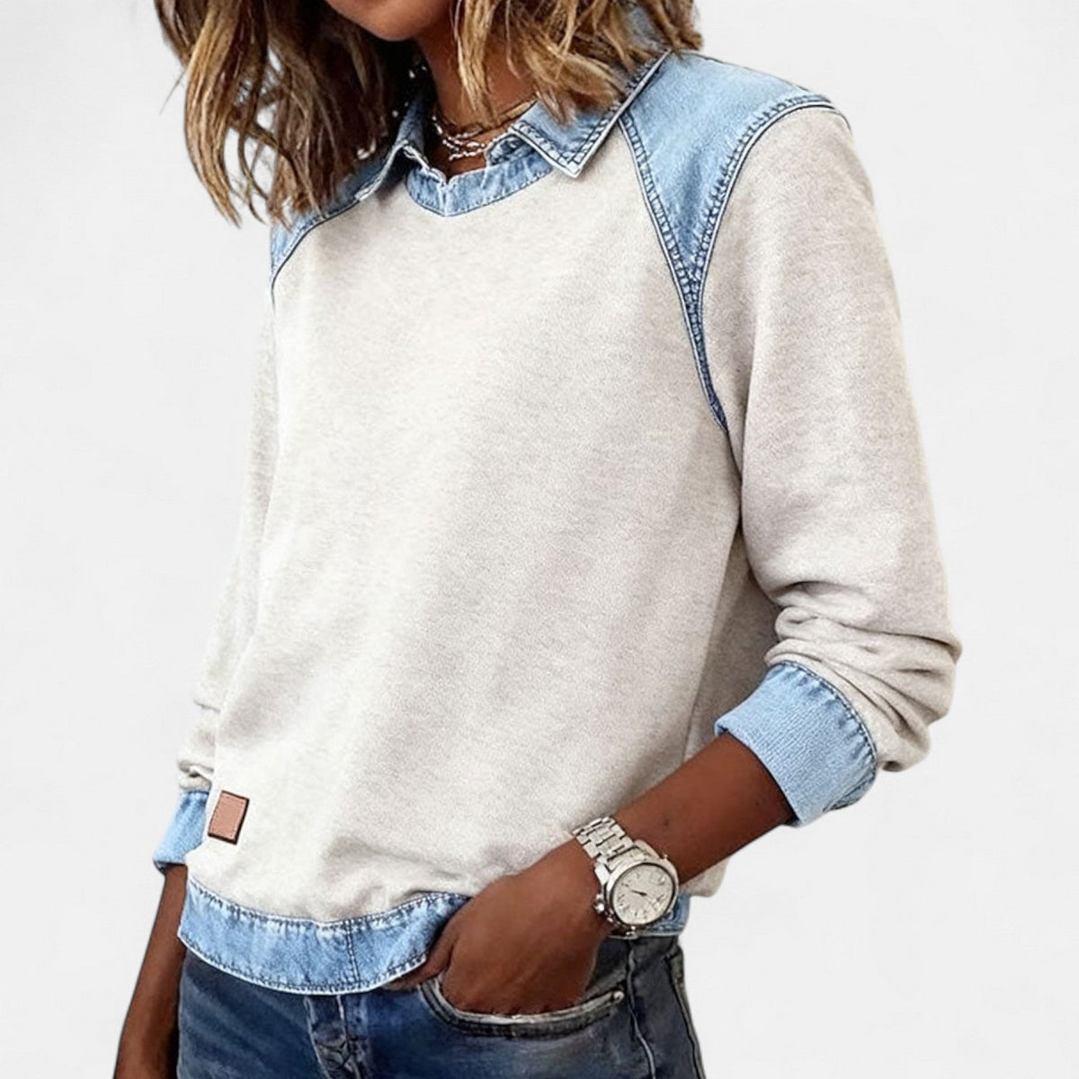 Women’s Denim Collar Detail Long-Sleeve Knit Top