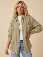Women’s Washed Denim Overshirt Jacket – Frayed Hem, Chest Pockets &Relaxed Retro Fit