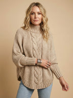 Women’s High-Neck Cable Knit Sweater – Cozy Loose Fit & Ribbed Hem Detail