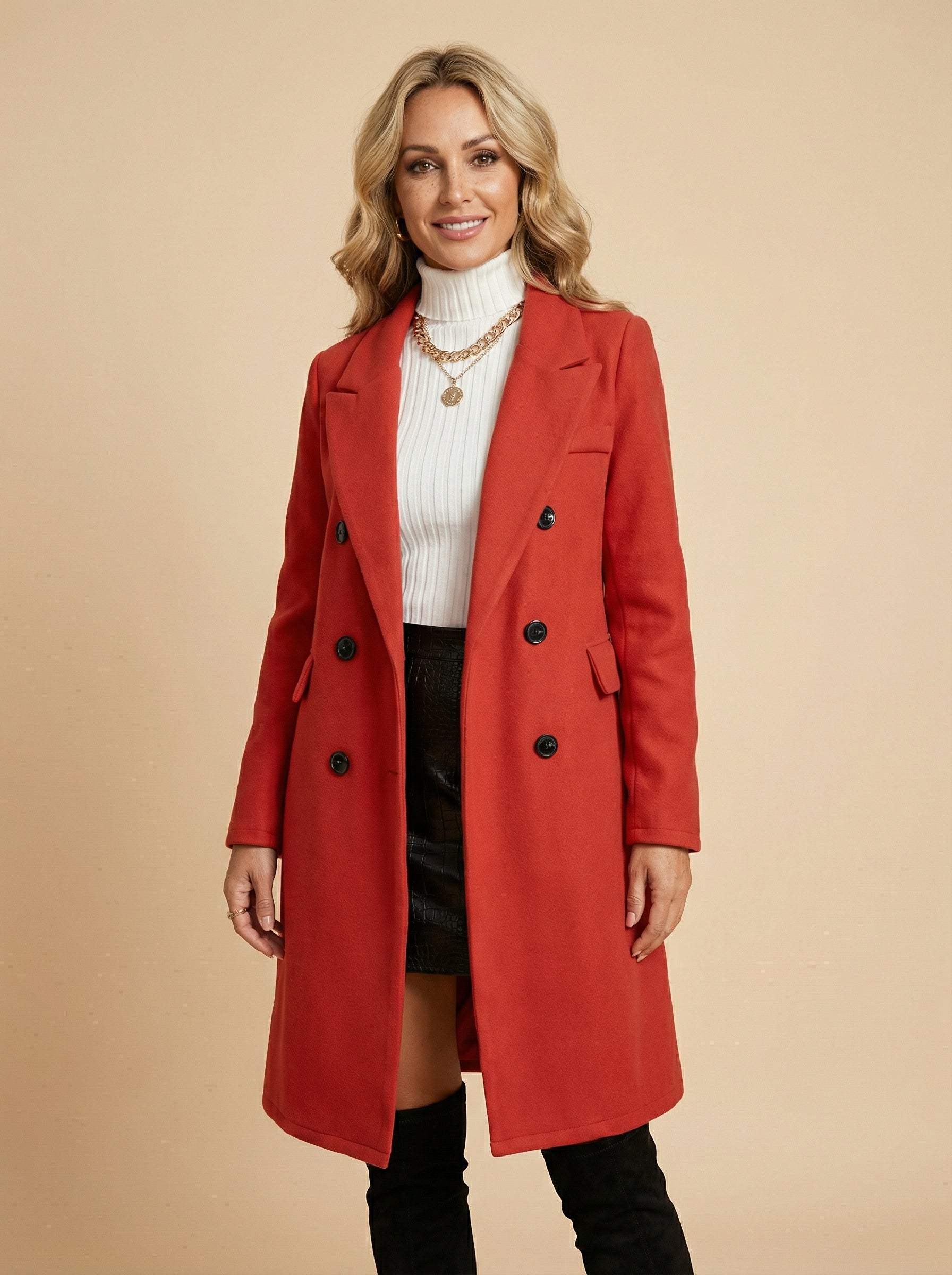 Women’s Double-Breasted Mid-Length Coat – Tailored Lapel & Waist-Defining Fit