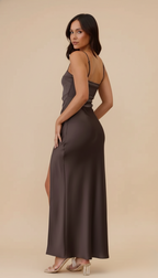 Women’s Dress – Satin Spaghetti-Strap Maxi Dress with Side Slit