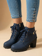 Women’s Mid-Heel Ankle Boots –  Side Zipper & Buckle Detail