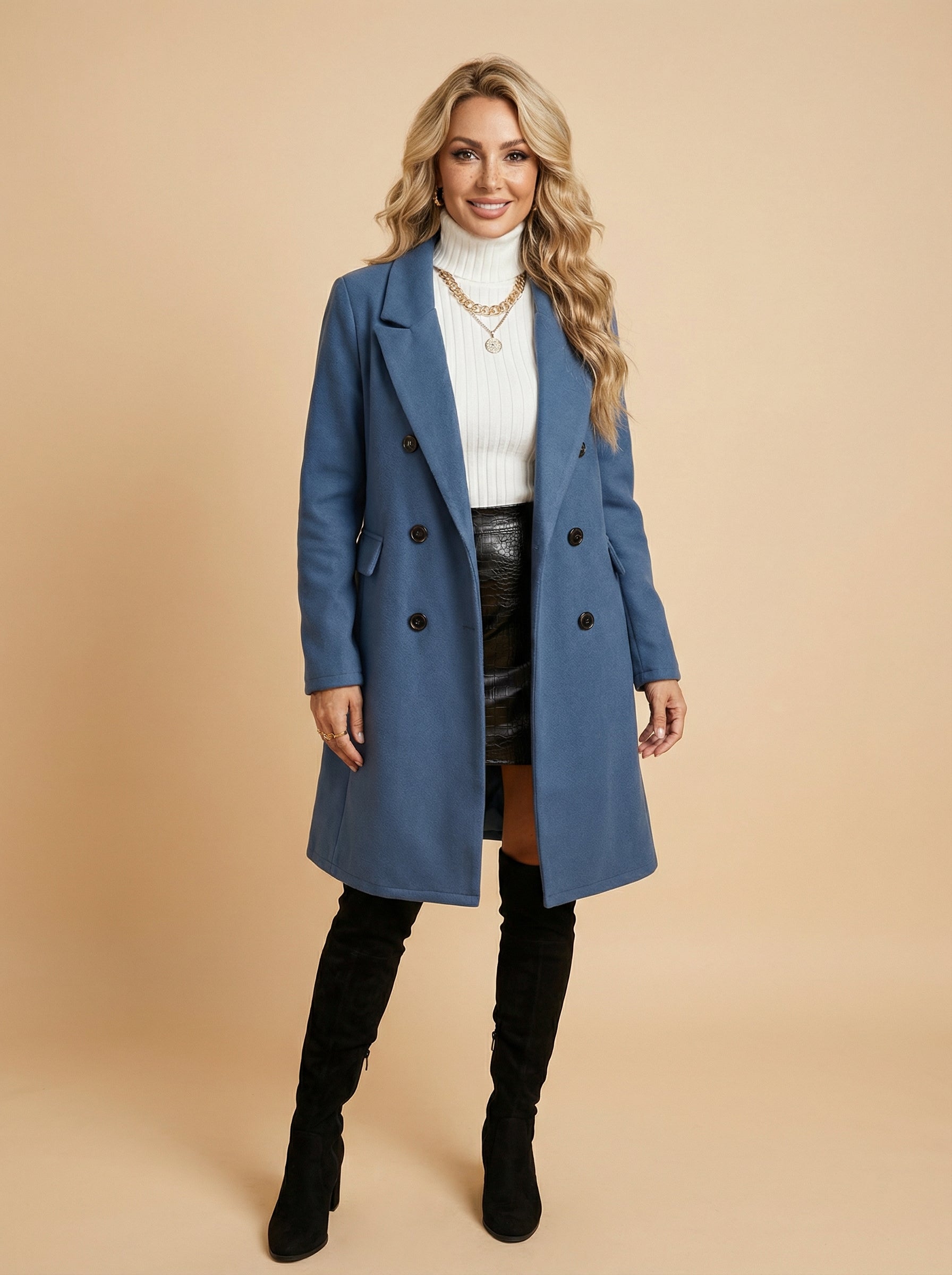 Women’s Double-Breasted Mid-Length Coat – Tailored Lapel & Waist-Defining Fit