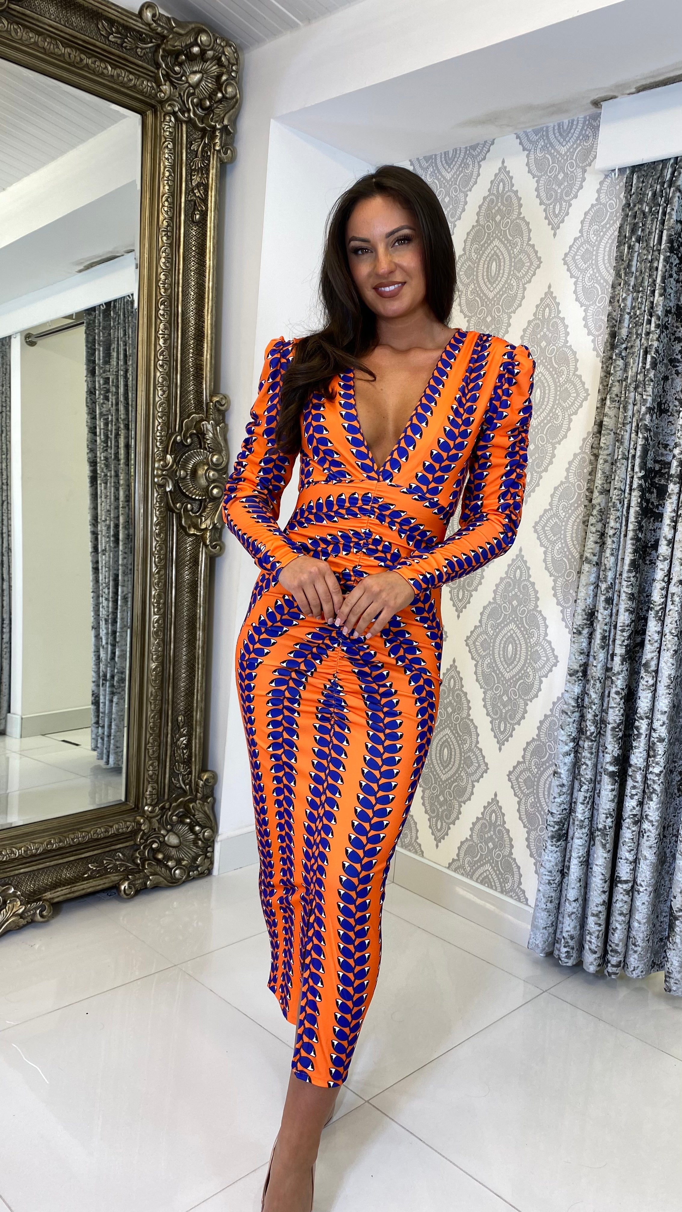 Liora Printed Long Sleeve Midi Dress – Orange/Purple