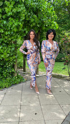 Soraya Printed Long Sleeve Midi Dress – Blue/Orange