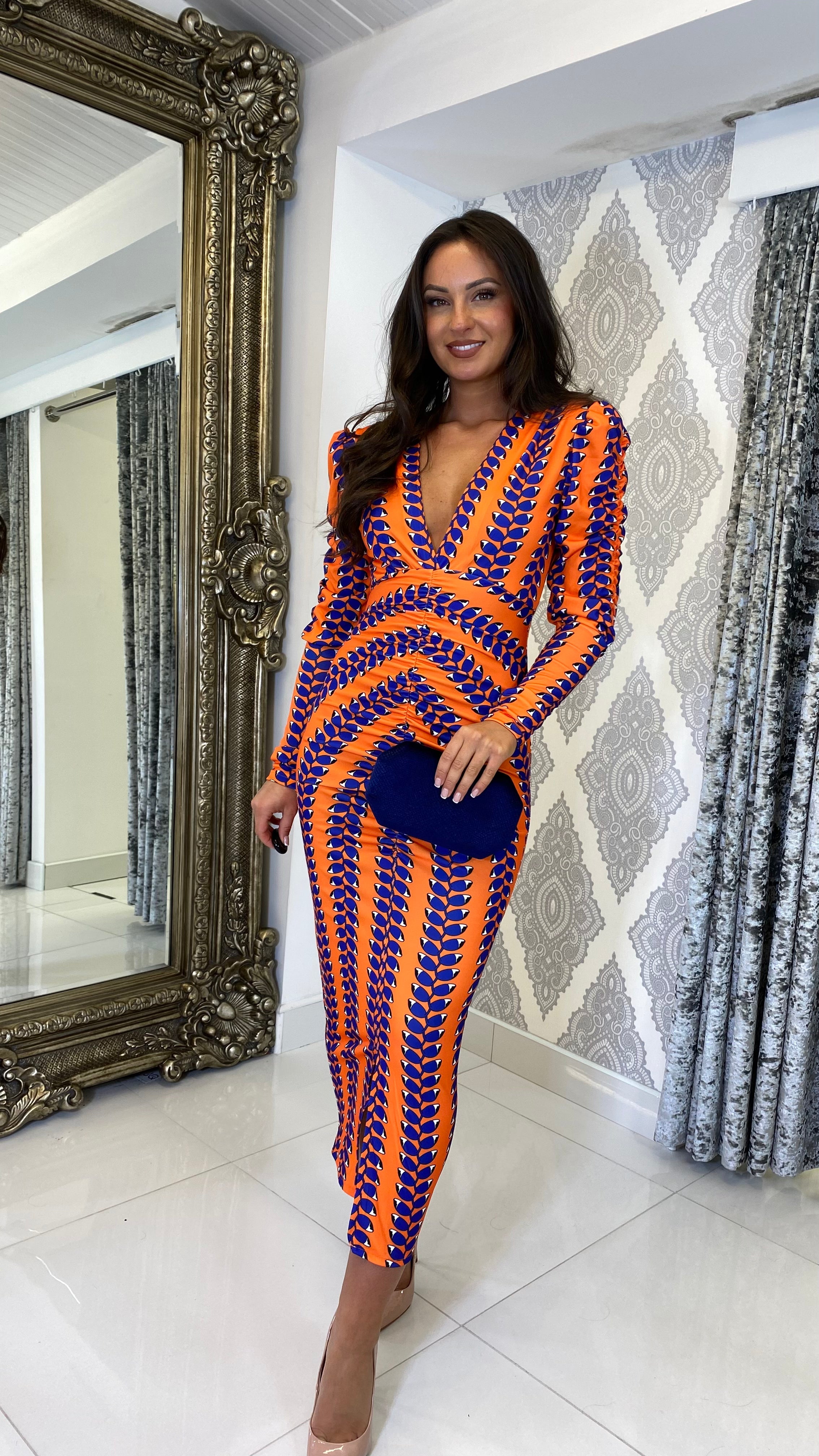 Liora Printed Long Sleeve Midi Dress – Orange/Purple