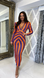 Liora Printed Long Sleeve Midi Dress – Orange/Purple