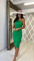 Julieta Ruched One Shoulder Midi Dress – Green