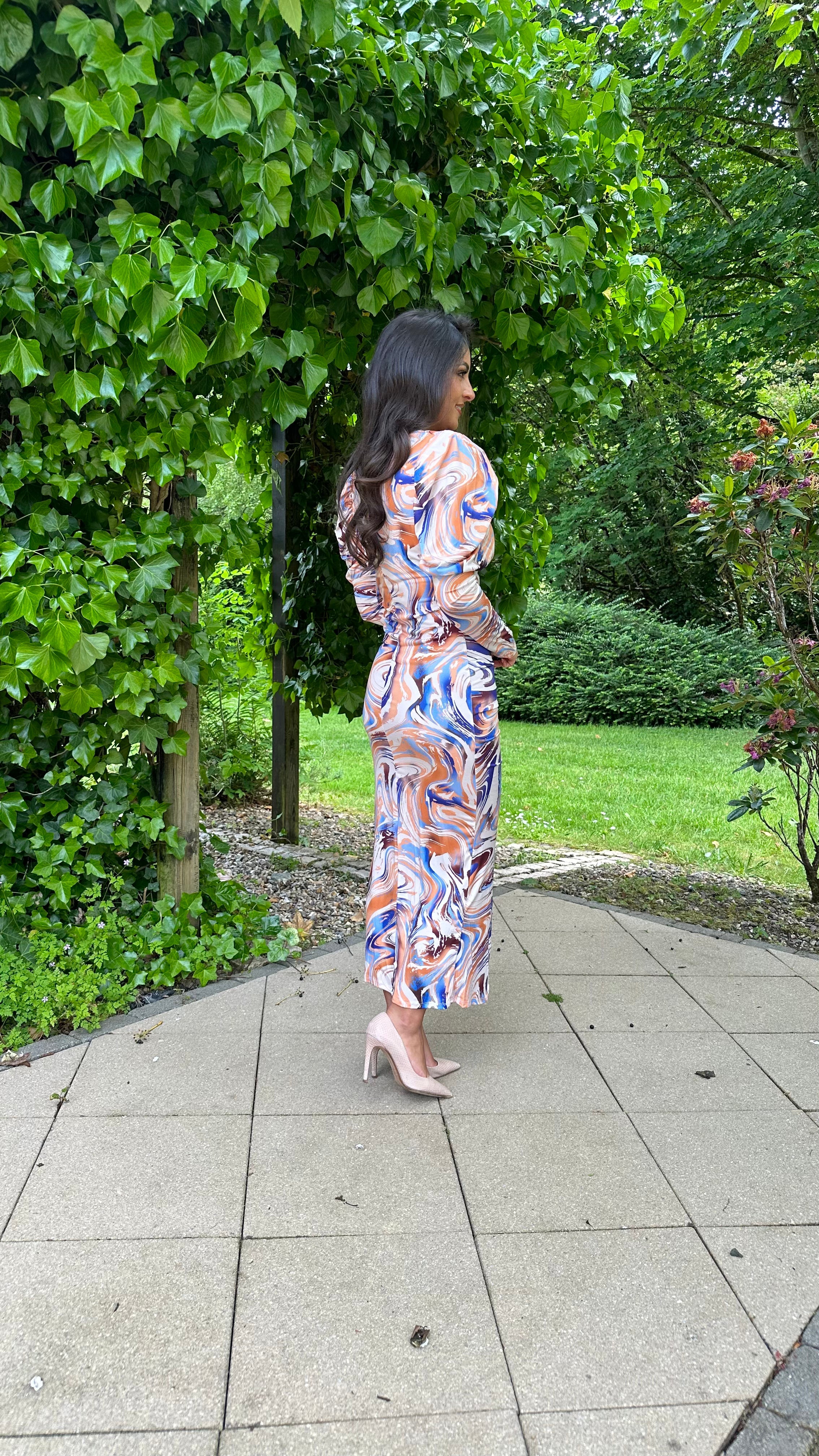 Soraya Printed Long Sleeve Midi Dress – Blue/Orange