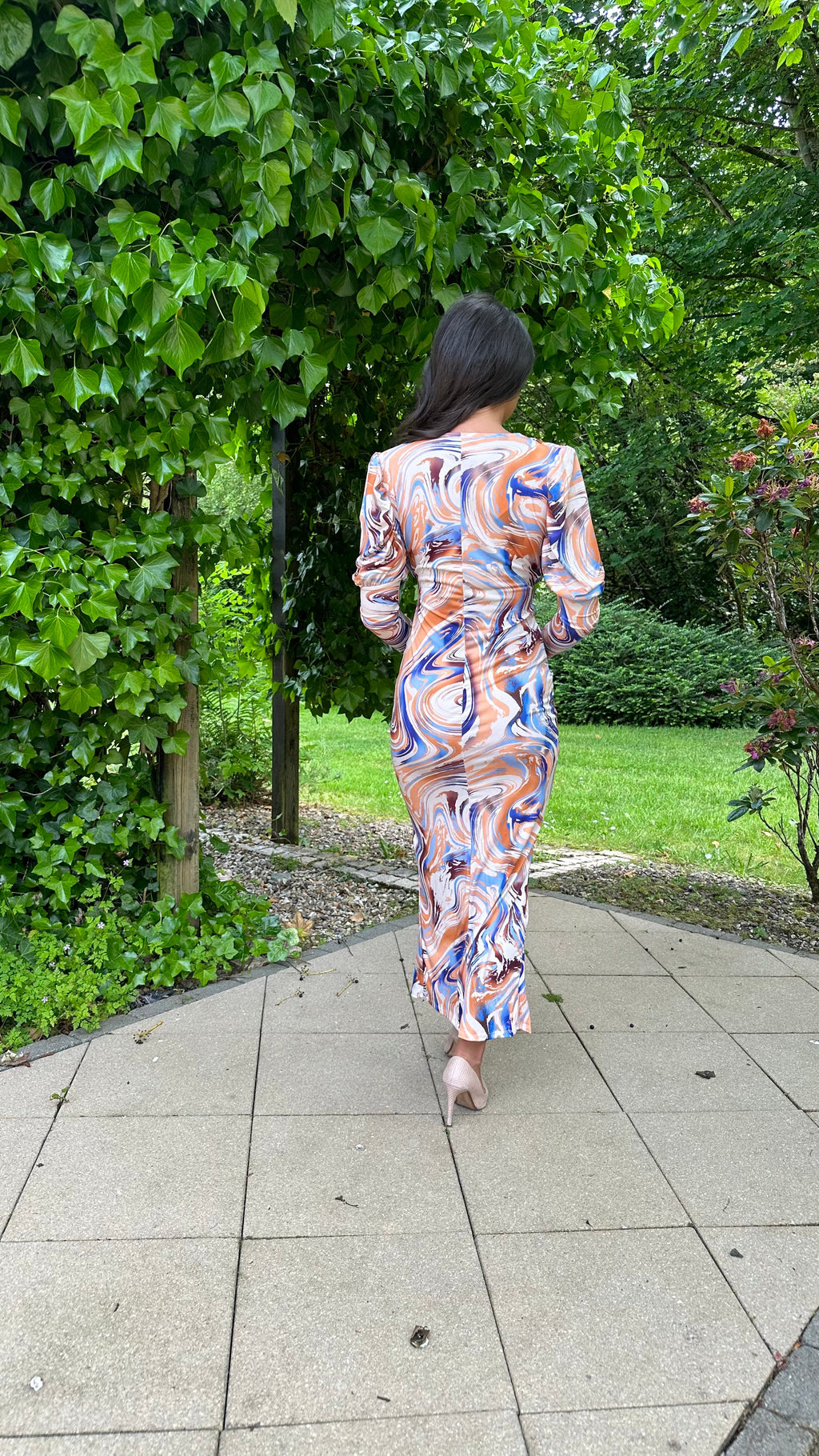 Soraya Printed Long Sleeve Midi Dress – Blue/Orange