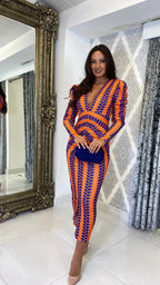 Liora Printed Long Sleeve Midi Dress – Orange/Purple